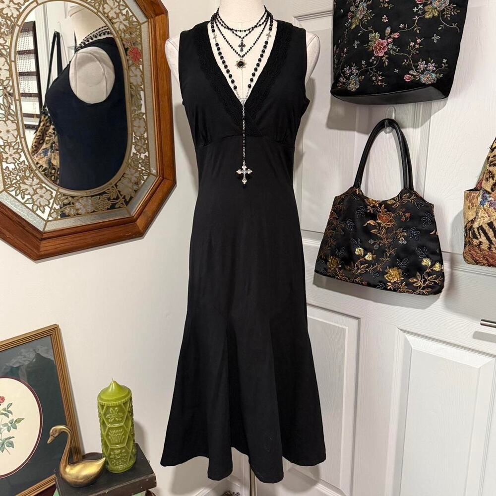 VTG Y2K Express Black Linen & Cotton Blend Sleeveless Mermaid Hem Midi Dress - Picture 3 of 8